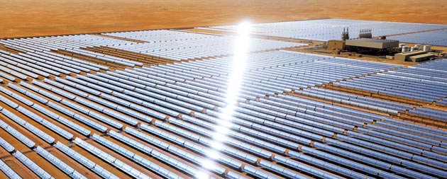 The newly launched solar plant Shams 1 in the desert of Abu Dhabi. The 100-megawatt solar plant is the world’s largest concentrated solar power plant in operation. (Image Corbis)