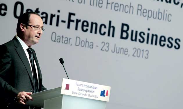 The French president François Hollande adressing the business community in Doha. (Image French Embassy in Doha)